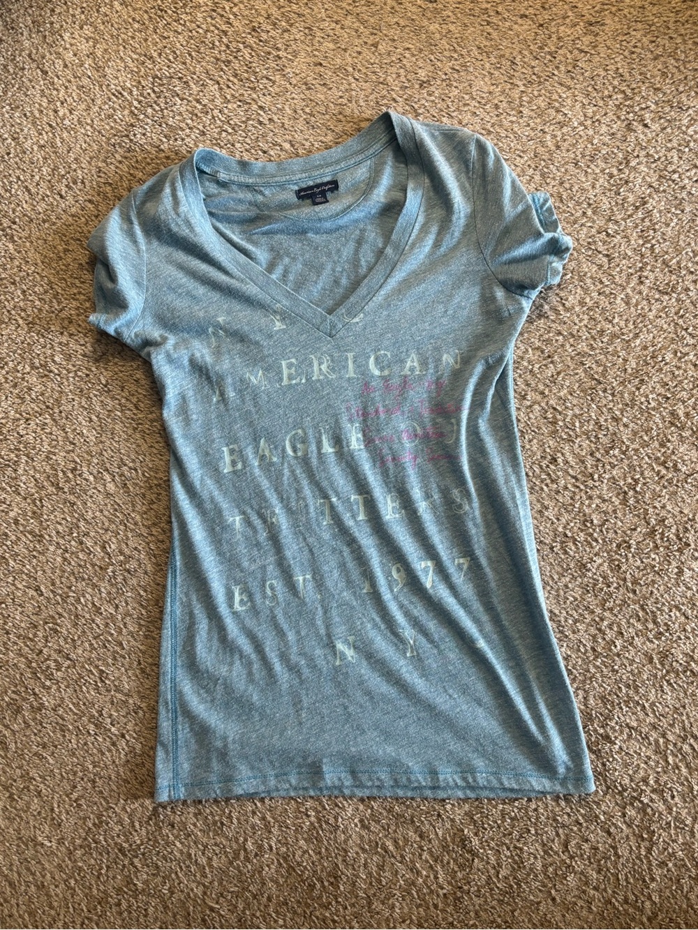 Vintage 2000s Y2K American Eagle Outfitters Light Blue V-Neck Logo Tee